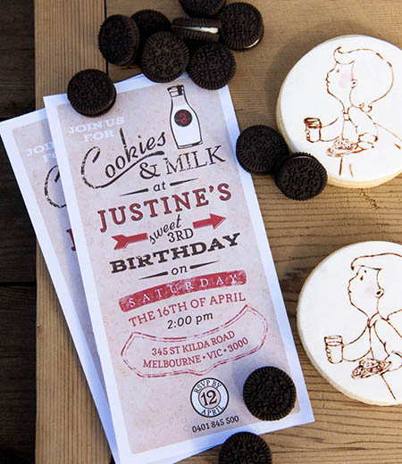 Vintage Milk and Cookies Birthday Party Printable 4x8 Invitation - Red
